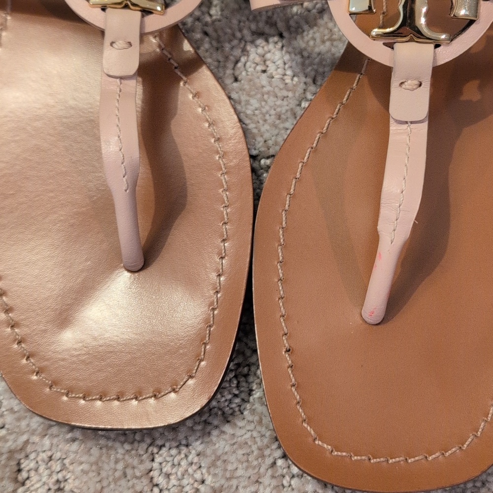 Tory Burch Square Toed Miller Sandal Leather Seashell Pink Gold Toned Logo 8 1/2 - Picture 10 of 10